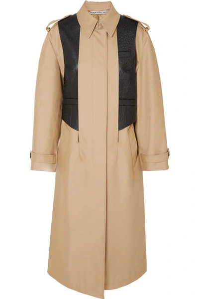 Shop Alexander Wang Layered Cotton-blend Gabardine And Ostrich-effect Leather Trench Coat In Beige