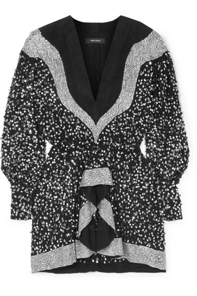 Shop Isabel Marant Caldes Sequined-embellished Chiffon And Cotton Mini Dress In Black