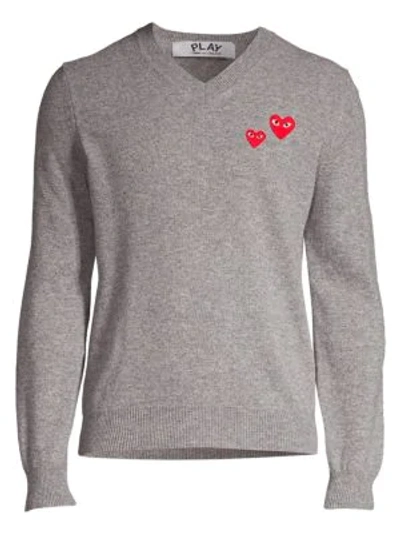 Shop Comme Des Garçons Play Double Heart Wool Pullover In Grey