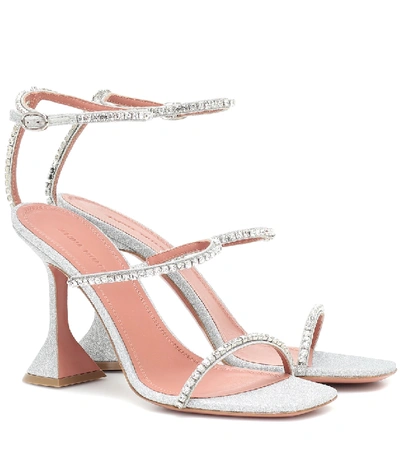 Shop Amina Muaddi Gilda Embellished Leather Sandals In Metallic