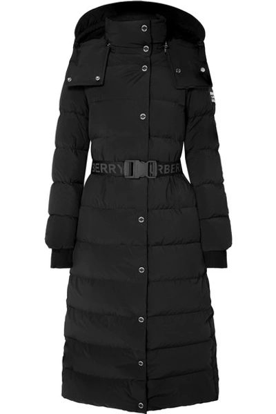 Shop Burberry Belted Faux Shearling-trimmed Hooded Quilted Shell Down Coat In Black