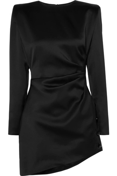 Shop Saint Laurent Asymmetric Gathered Silk-satin Mini Dress In Black