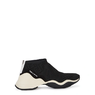 Shop Fendi Ff Black Textured-knit Sneakers In Black And White