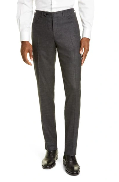 Shop Canali Flat Front Solid Stretch Wool Blend Trousers In Charcoal