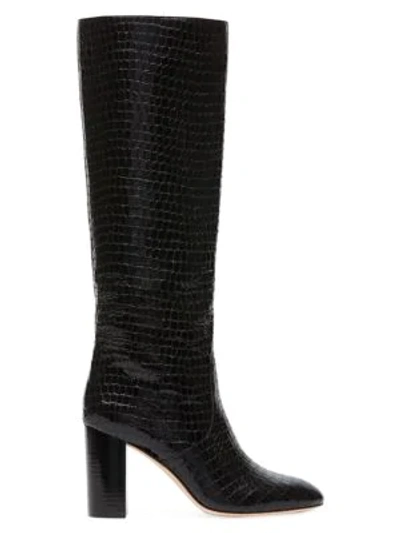 Shop Loeffler Randall Goldy Knee-high Croc-embossed Leather Boots In Black