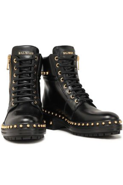 Shop Balmain Army Ranger Studded Glossed-leather Ankle Boots In Black