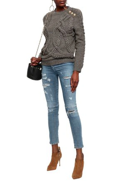 Shop Balmain Button-embellished Cable-knit Wool Sweater In Taupe