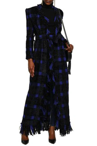 Shop Balmain Fringed Checked Wool-blend Tweed Coat In Indigo