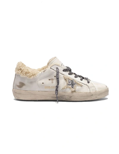 Shop Golden Goose White Shearling Glitter Star Superstar Sneakers