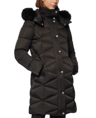 Shop Andrew Marc Diamond-quilt Fox Fur-trim Hooded Down Coat In Black