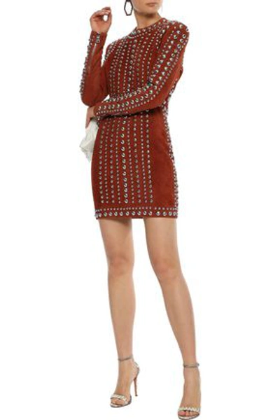 Shop Balmain Studded Suede Mini Dress In Brick