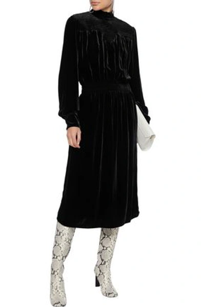 Shop Frame Shirred Velvet Dress In Black