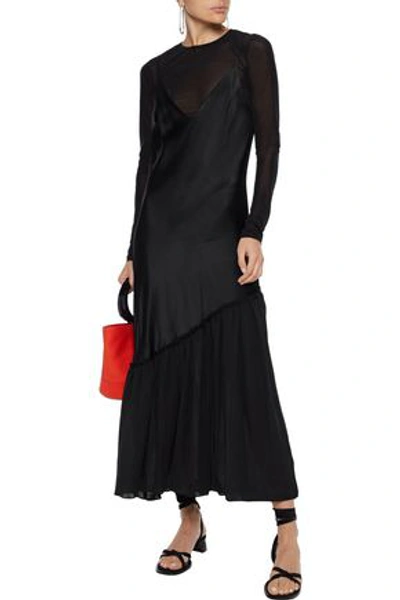 Shop Frame Woman Gathered Voile-paneled Satin Maxi Slip Dress Black