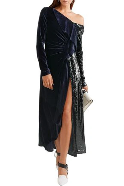 Shop Monse One-shoulder Ruched Velvet And Sequined Tulle Gown In Navy