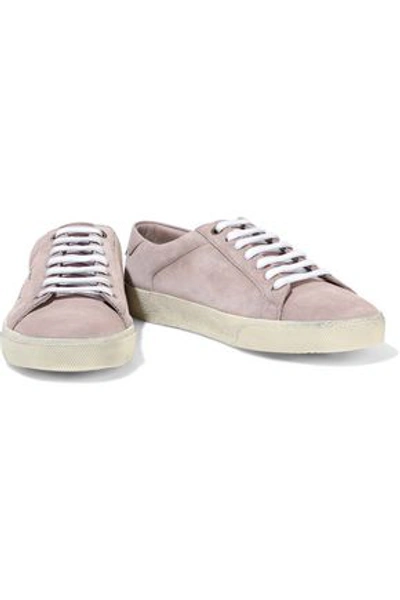 Shop Saint Laurent Court Classic Leather-trimmed Embroidered Suede Sneakers In Taupe