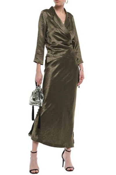 Shop Ann Demeulemeester Woman Asymmetric Crinkled-satin And Georgette Midi Skirt Army Green