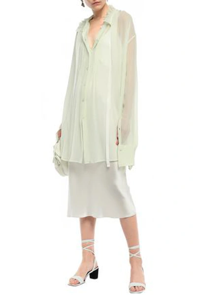 Shop Ann Demeulemeester Woman Ruffle-trimmed Crinkled Silk-georgette Shirt Light Green