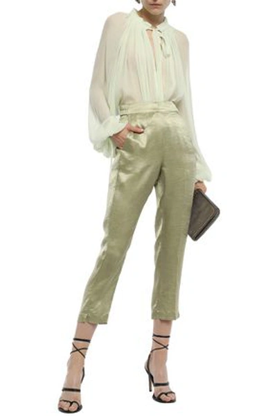 Shop Ann Demeulemeester Woman Cropped Crinkled-satin Tapered Pants Sage Green