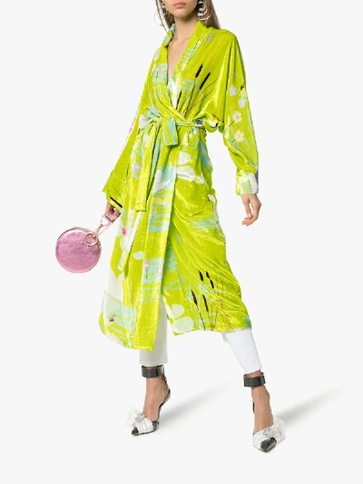 Shop Bernadette Swan Print Velvet Kimono Jacket In Green