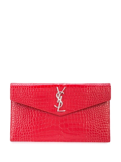 Shop Saint Laurent Croc Embossed Clutch Bag In Red