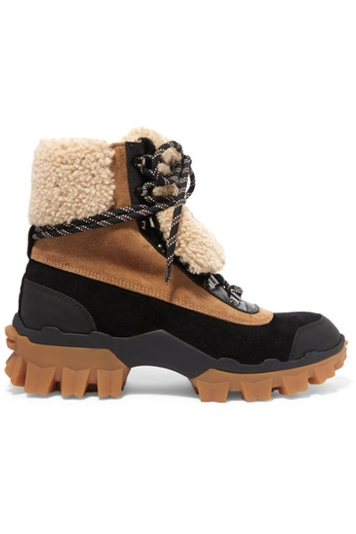 Shop Moncler Harriet Suede, Shearling And Leather Ankle Boots In Tan
