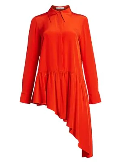 Shop Tibi Silk Asymmetrical Ruffle Blouse In Blood Orange