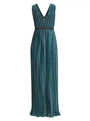 bcbg metallic stripe pleated gown