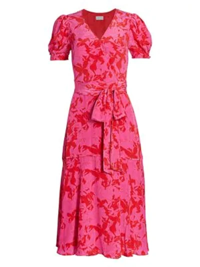 Shop Tanya Taylor Dorothy Silk-printed Puff-sleeve Midi Dress In Lilies Hot Pink