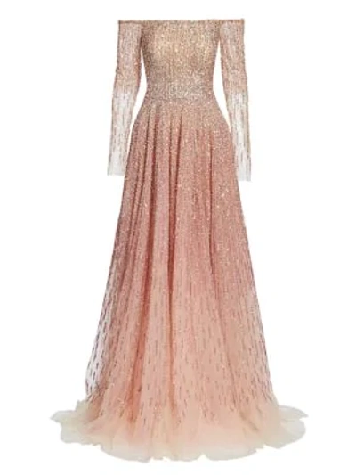 Shop Pamella Roland Off-the-shoulder Ombré Sequin & Crystal Gown In Quartz