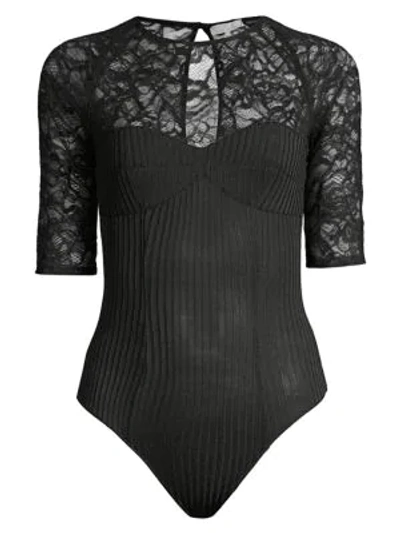 Shop Fleur Du Mal Chateau Lace & Rib-knit Bodysuit In Black