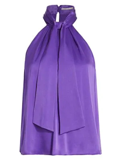 Shop Alice And Olivia Leia Stretch Silk Tie-neck Halter Top In Violet