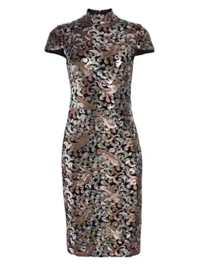 Shop Alice And Olivia Inka Embellished Strong-shoulder Mockneck Dress In Silver Bronze