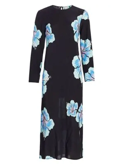 Shop Rixo London Amanda Abstract Hawaiian Floral Midi Dress In Abstract Hawaiian Flower Black Blue