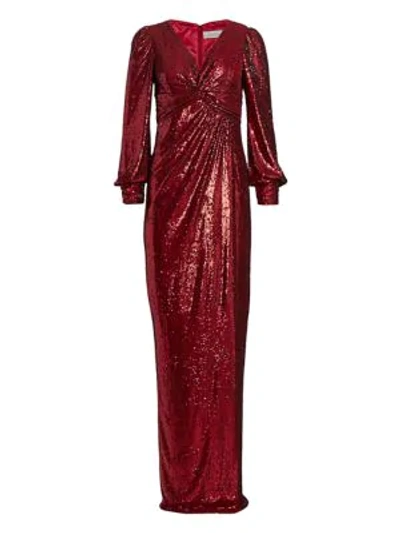 Shop Teri Jon By Rickie Freeman Long-sleeve Sequin Gown In Wine