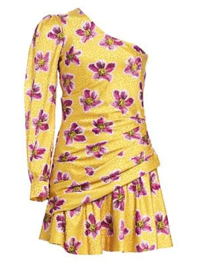 Shop Borgo De Nor Christina Floral One-sleeve Side Ruche Mini Dress In Rose Mustard