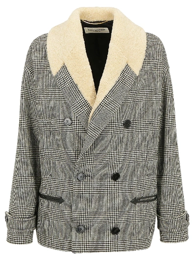 Shop Saint Laurent Houndstooth Teddy Collar Cropped Coat In Multi