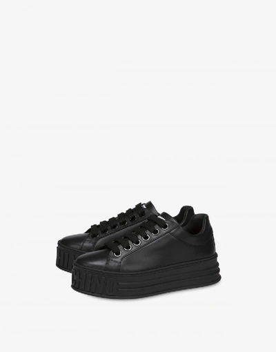 Shop Moschino Leather Platform Sneakers In Black