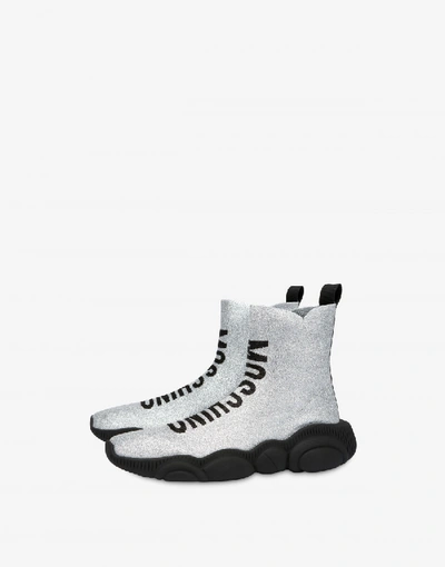 Shop Moschino Lurex Teddy Shoes Sock Sneakers In Silver