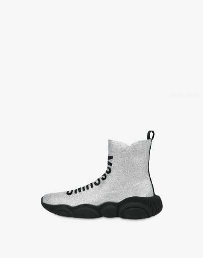 Shop Moschino Lurex Teddy Shoes Sock Sneakers In Silver