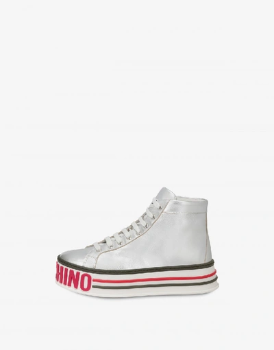 Shop Moschino Platform Laminated High Sneakers In Silver