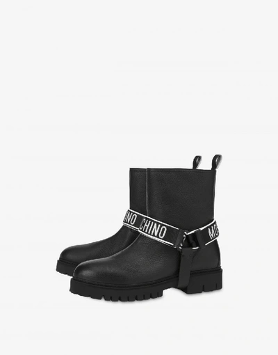 Shop Moschino Leather Biker Boot With Logoed Ribbon With Velcro In Black