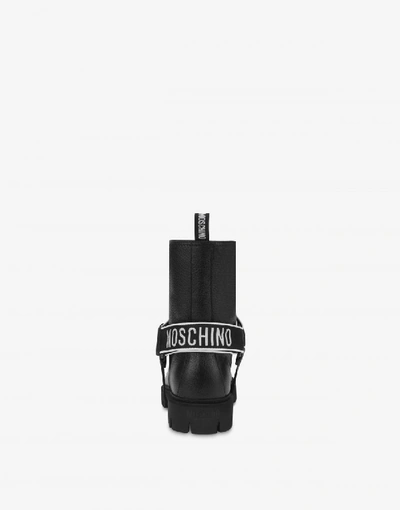 Shop Moschino Leather Biker Boot With Logoed Ribbon With Velcro In Black