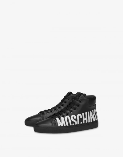 Shop Moschino Leather High Sneakers With Logo In Black