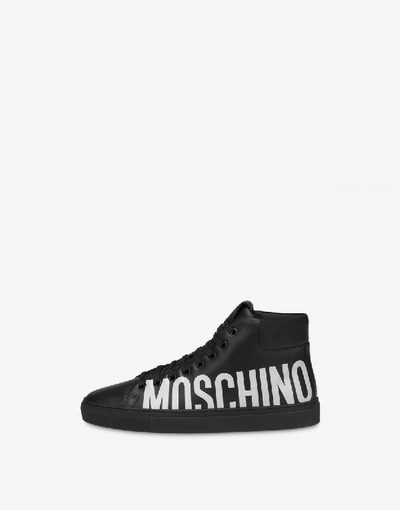Shop Moschino Leather High Sneakers With Logo In Black