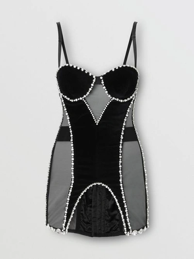 Shop Burberry Crystal Detail Mesh And Velvet Corset Top In Black