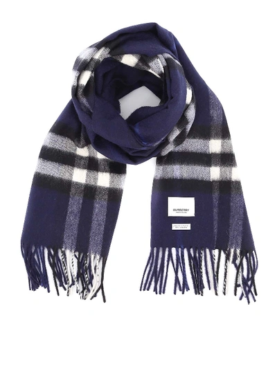 Shop Burberry Blue Giant Check Patterned Cashmere Scarf