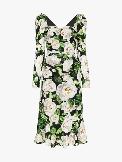 Shop Dolce & Gabbana Floral Print Sweetheart Neck Midi Dress In Black