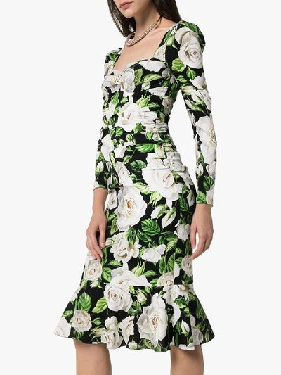 Shop Dolce & Gabbana Floral Print Sweetheart Neck Midi Dress In Black