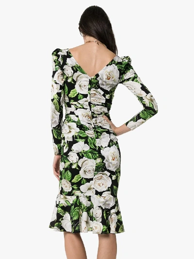 Shop Dolce & Gabbana Floral Print Sweetheart Neck Midi Dress In Black