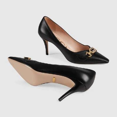 Shop Gucci Zumi Mid-heel Leather Pump In Black Leather